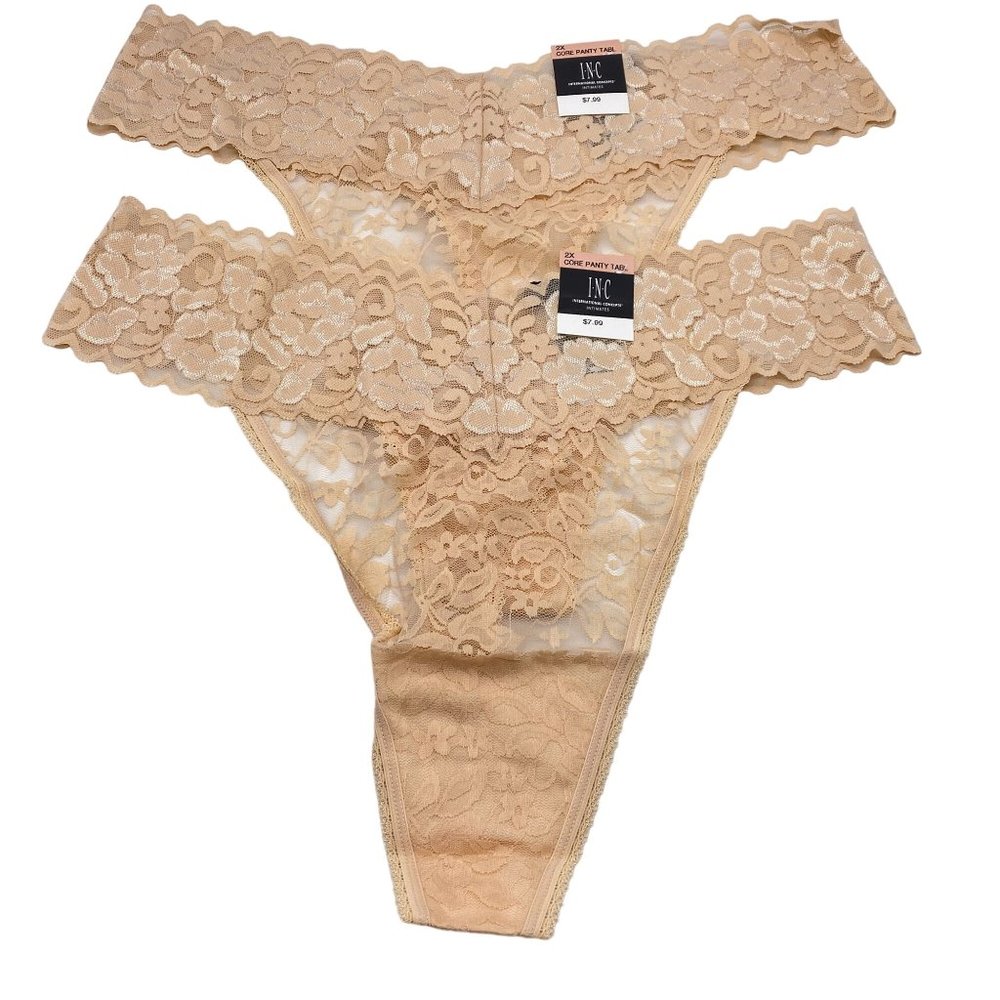 INC floral lace thong panties size 2X 3X‎ Almond latte beige stretch NEW